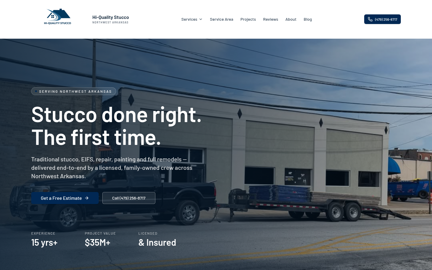 Hi-Quality Stucco website homepage designed by Elemental